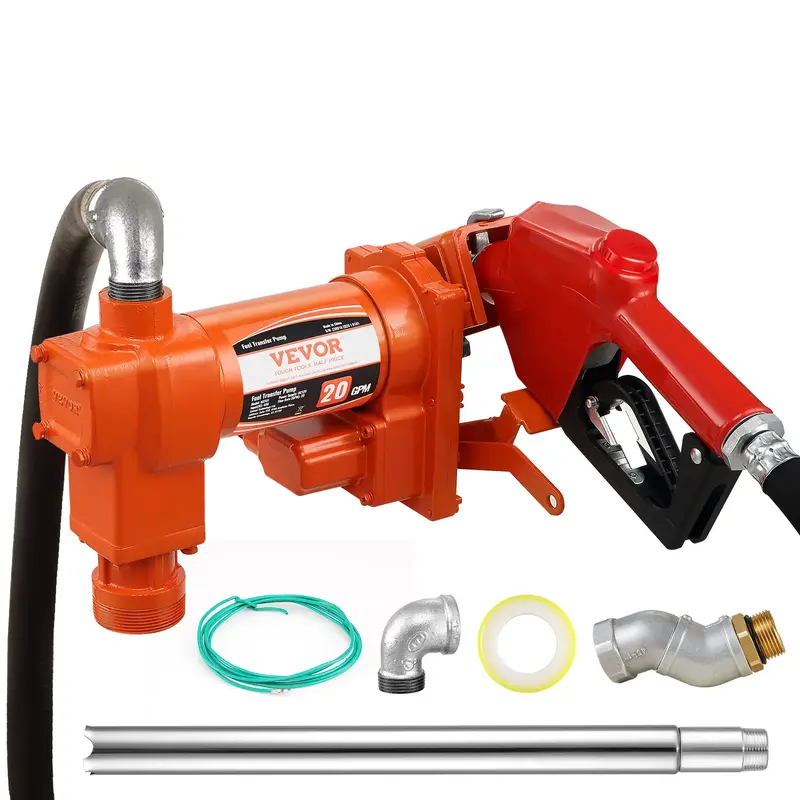 VEVOR Fuel Transfer Pump, 12V DC 20 GPM 1/4 HP, Gasoline Extractor Pump with Automatic Nozzle, Discharge Hose & Suction Pipe ...