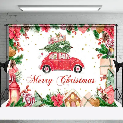 Festive Red Car Santa Claus Merry Christmas Backdrop - Aperturee