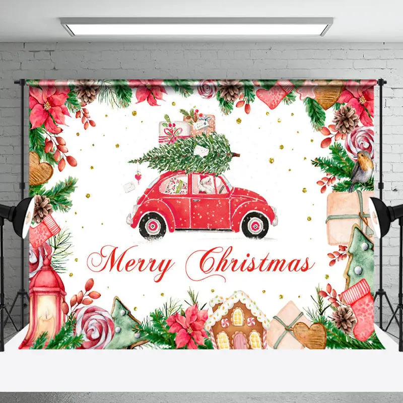 Festive Red Car Santa Claus Merry Christmas Backdrop - Aperturee
