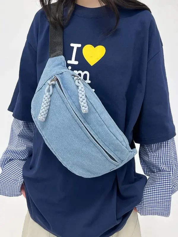 Women's Solid Color Denim Fanny Pack, Fashionable Large Capacity Sling Bag for Daily Used, Casual Trendy Versatile High-quali...