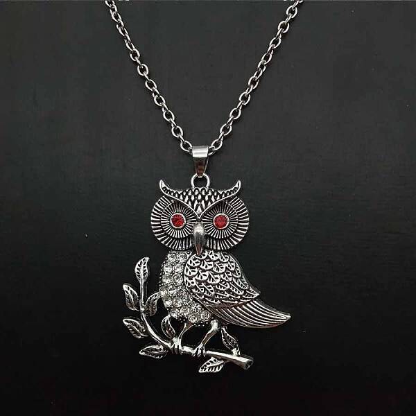 Alloy Light Siam Rhinestone Cute Owl Pendant Necklaces for Women