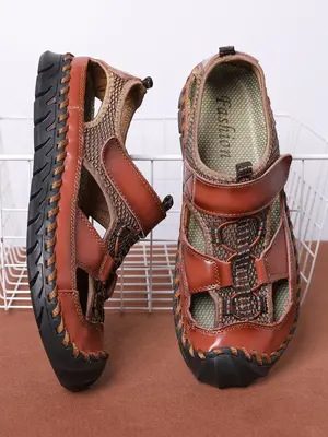 Summer 2024 Casual Plain Round Toe Sandals, Hollow Out Design Velcro Walking Shoes, Casual Comfort Ankle Strap Sandals for O...