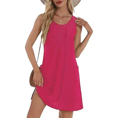 Coverup Summer Dresses for Women 2025 Eyelet Casual Loose Sleeveless Sundresses Tank Dresses with Pockets