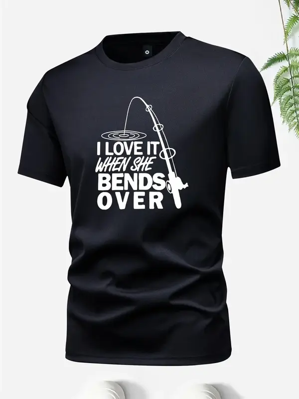 Men's Letter & Fishing Print Round Neck Tee, Summer Clothes, Casual Regular Fit Short Sleeve Graphic T-Shirt for Summer, Men...