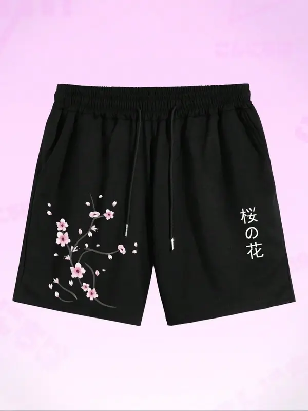 Men's Floral Graphic Print Drawstring Waist Shorts, Regular Fit Casual Pocket Bottoms, Summer Clothes, Men's Clothes for Dail...