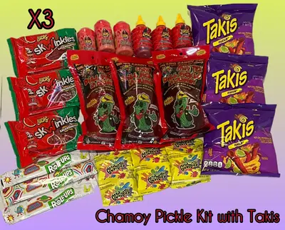 Family Three Pack Chamoy Pickle Kits with Takis, Lucas Powder, Liquid Lucas, Salsaghetti Skwinkles, Gushers and Fruit Rolls U...