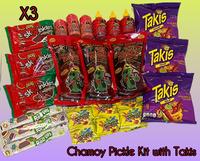 Family Three Pack Chamoy Pickle Kits with Takis, Lucas Powder, Liquid Lucas, Salsaghetti Skwinkles, Gushers and Fruit Rolls U...