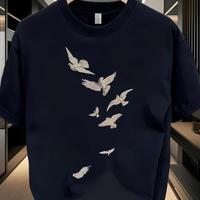 Men's Loose Fit Cotton T-Shirt - Casual Summer Short Sleeve Crewneck with Artistic Bird Print, Breathable Clothing Relaxed Ap...