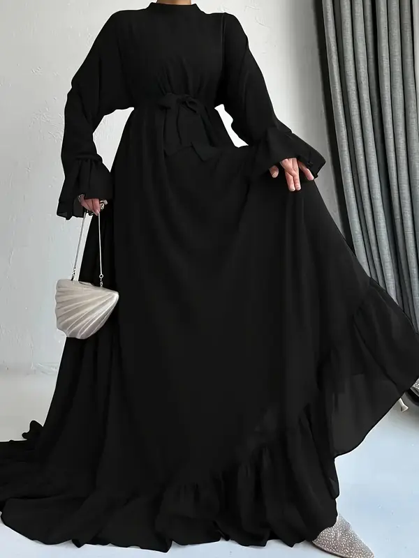 Women's Solid Belted Flounce Sleeve Chiffon Dress, Elegant Long Sleeve Round Neck A Line Dress for Vacation Holiday Wedding G...