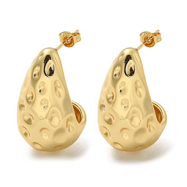 Rack Plated Teardrop Hammered Brass Stud Earrings for Women
