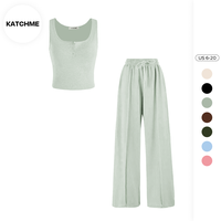 KatchMe Casual Womenswear U Neck Sleeveless Crop Top & Elastic Waist Wide Leg Pockets Sweatpants Co-ord,Basic Plain Tank & Dr...