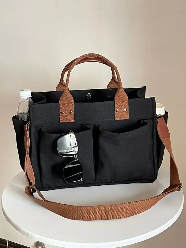 Women's Casual Plain Color Canvas Everything Tote Bag, Trendy Large Capacity Fall Freshness Shoulder Bag & Handbag, Fashionab...