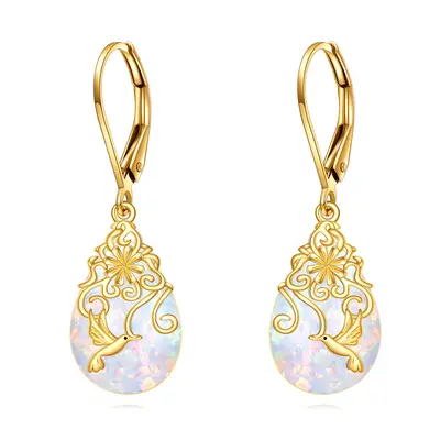 14K Gold Opal Hummingbird Lever-back Earrings