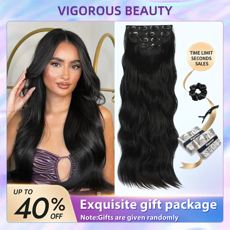 Vigorous Clip in Hair Extensions Long Wavy Synthetic Hairpieces,Natural & Soft Hair & Blends Well Hair Extensions,Easy to Wea...