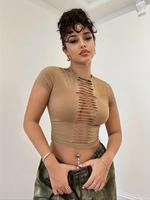 Women's Solid Ripped Round Neck Crop Tee, Streetwear 2000s Y2K Tight-fitting Short Sleeve T-shirt, Casual Summer Top for Dai...