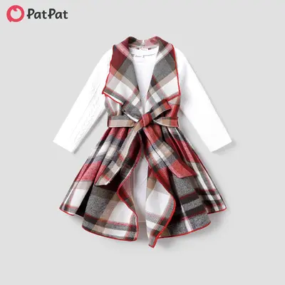 PatPat 2PCS Toddler Girl Asymmetrical Hemline Classic Grid Dress Set