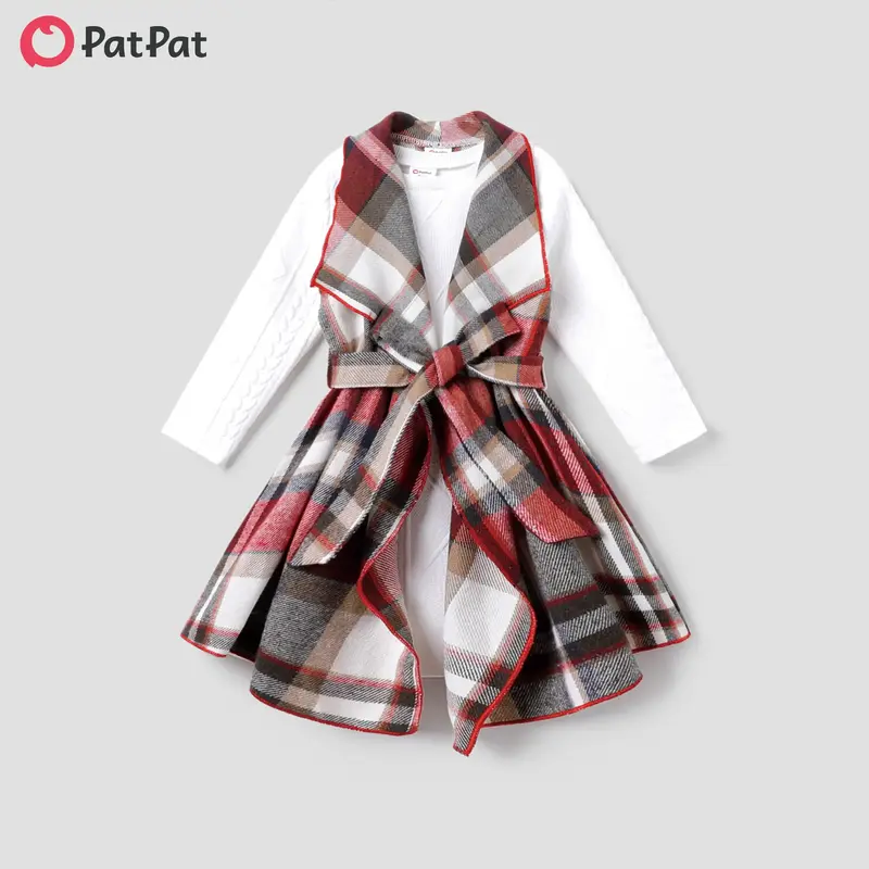 PatPat 2PCS Toddler Girl Asymmetrical Hemline Classic Grid  Dress Set