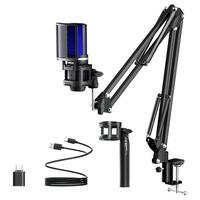 USB Mic with Type-c Adapter, Microphone with RGB Light & Tripod & Hanging Arm Stand, Plug & Play Mic for PS5, Xbox Controller...