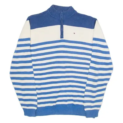 TOMMY HILFIGER Boys Patterned Jumper Blue Striped 1/4 Zip Tight Knit XL
