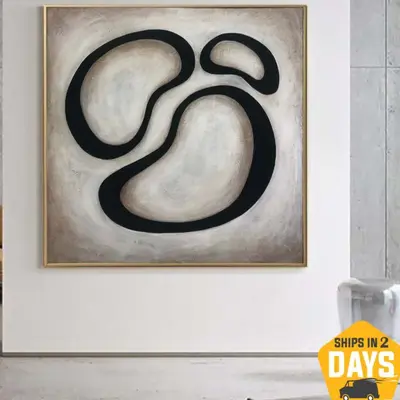 Large Abstract Circles Painting on Canvas Black and White Wall Art Modern Beige Artwork Geometric Painting for Indie Room Dec...