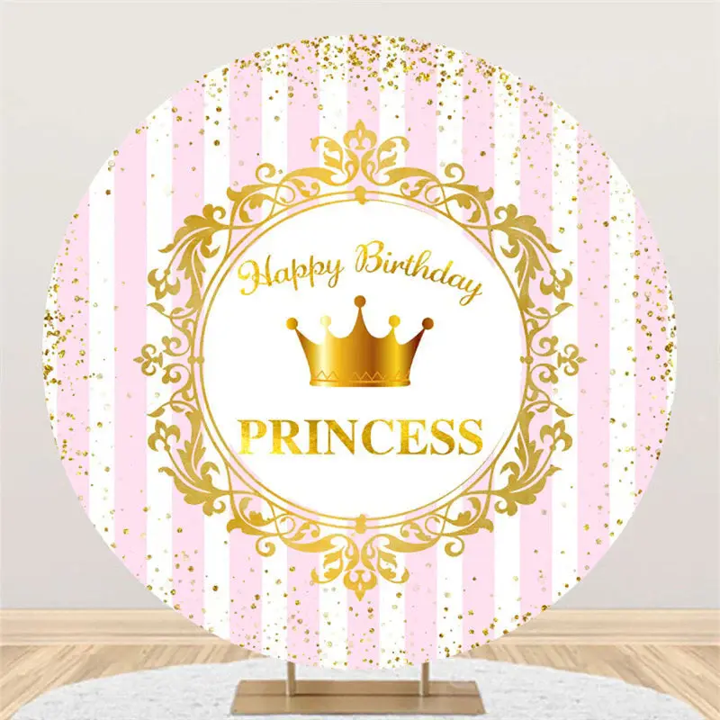 Aperturee Pink White Stripes Round Gold Princess Birthday Backdrop | Name Backdrop For Birthday | Birthday Back Drop | Simple...