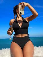 Two-Piece Set Women's Solid Color Bikini Set, Casual Fashion Chic Swimsuit Set, Ladies Swimwear for Beach Holiday Vacation, S...