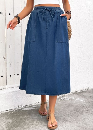 Modlily Denim Blue Pocket Shift Dress Elastic Waist Skirt - L
