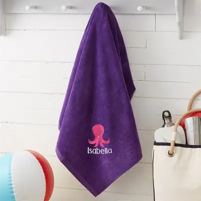 Purple Embroidered Cute Sea Creatures Beach Towel - Aperturee