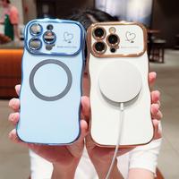 [FREE!SHIP] For iPhone 15 14 13 Pro Max Magnetic Soft Cute Wave Frame Curly Shape Love Heart Luxury Plating Phone Case For Ma...