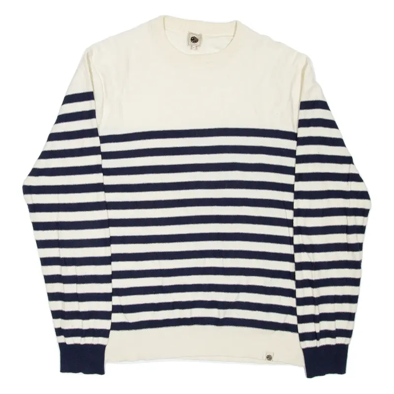 PRETTY GREEN Womens Patterned Jumper Cream Striped Tight Knit Wool L