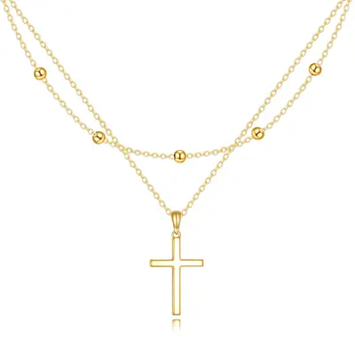 14K Gold Cross Bead Station Chain Layered Necklace