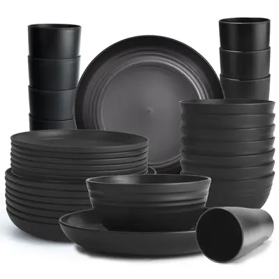 Wheat Straw Cutlery Set, 32 Unbreakable Dinner Plates Microwave Safe Reusable Cutlery, Black Set of 16 Plates, 8 Bowls, 8 Cup...
