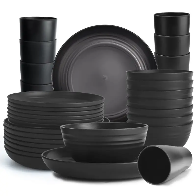 Wheat Straw Cutlery Set, 32 Unbreakable Dinner Plates Microwave Safe Reusable Cutlery, Black Set of 16 Plates, 8 Bowls, 8 Cup...