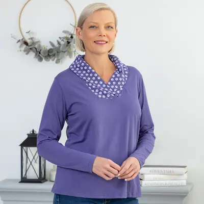 Paw Print Shawl Collar Top - Black - L