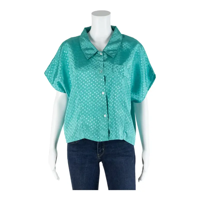 Blue 90s Collared Spotted Short Sleeve Blouse Womens L