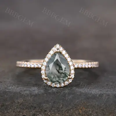 Pear Moss Agate white gold diamond engagement ring halo vintage ring