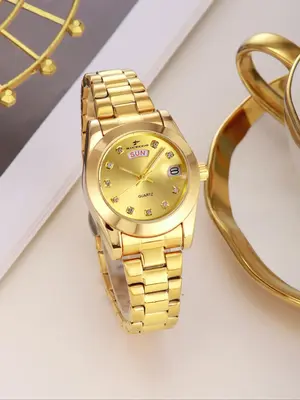 RICECGO women's gold watch, with an elegant round dial, rhinestone design, dual date display, a fashionable and timeless jewe...