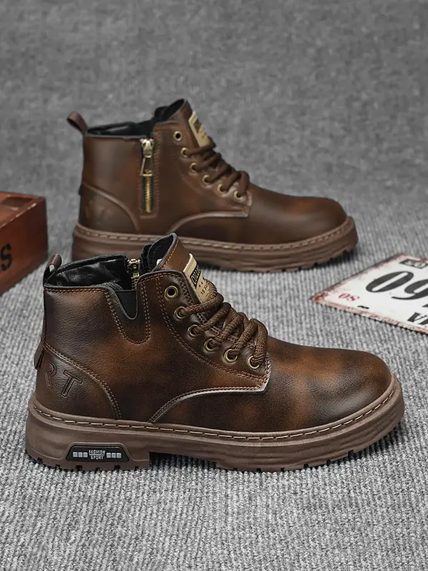 (The boots are one size smaller)Men's Fashionable Lace Up Ankle Boots, Casual Comfortable Boots for Daily Wear, Male All-matc...