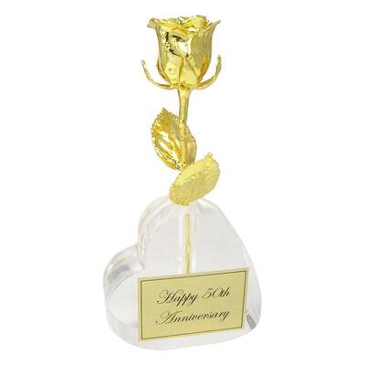 50th Anniversary Gift: 8 Gold Dipped Rose in Heart Vase