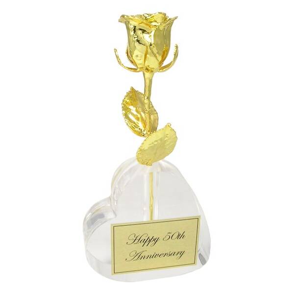 50th Anniversary Gift: 8 Gold Dipped Rose in Heart Vase