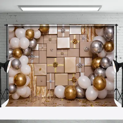 White Gold Silver Balloons Gifts Cake Smash Backdrop - Aperturee