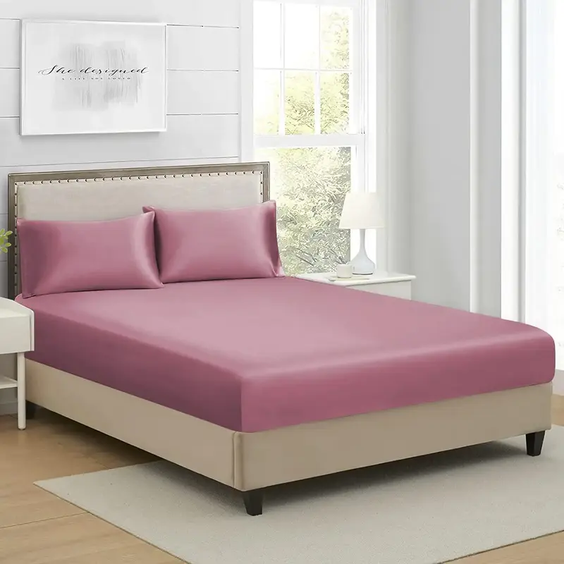 Room Decor Multi-size Fitted Sheet & Pillowcase without Filler, 3 Counts/set Elastic Comfortable Smooth Mattress Cover, Satin...