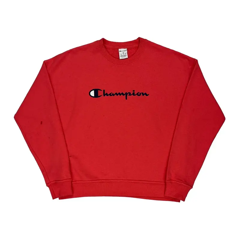 Champion Spellout Sweatshirt - Medium Red Cotton Blend