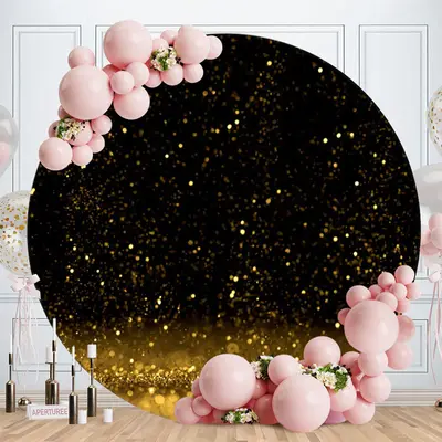 Aperturee Glitter Black Gold Round Happy Birthday Backdrop
