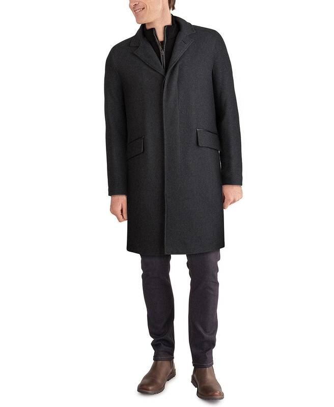 Men's Layered Look Classic-Fit Twill Topcoat with Faux-Leather Trim - Charcol