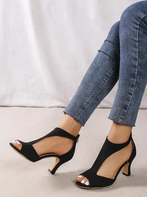 Women's Summer 2024 Fashionable Plain Back Zipper High Heel Sandals, Peep Toe High Heels Shoes, Slim Heel Roman Sandals For ...
