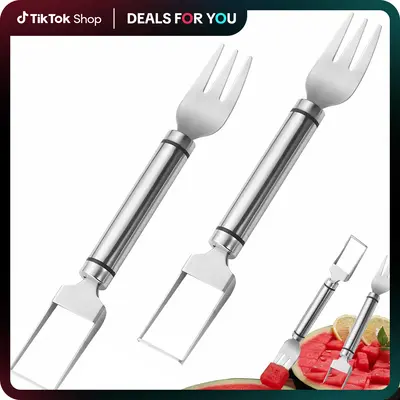 2-Pack Pro Watermelon Slicer Set – Dual-Headed Stainless Steel Fruit Cutter & Fork Tool (2-in-1 Design for Cubes/Wedges)