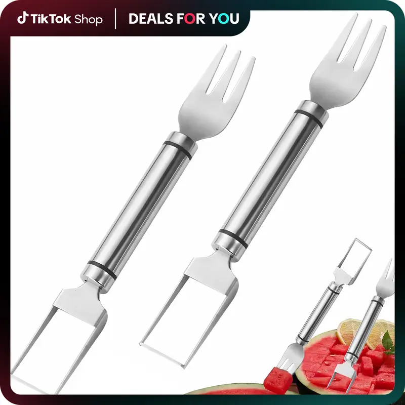2-Pack Pro Watermelon Slicer Set – Dual-Headed Stainless Steel Fruit Cutter & Fork Tool (2-in-1 Design for Cubes/Wedges)
