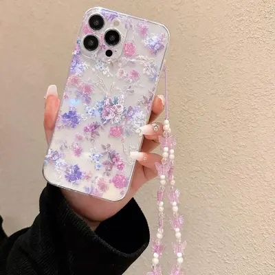 Flower Pattern Phone Case with Faux Pearl Decor Lanyard, Shockproof Decorative Phone Protector Cover, Phone Accessories Compa...