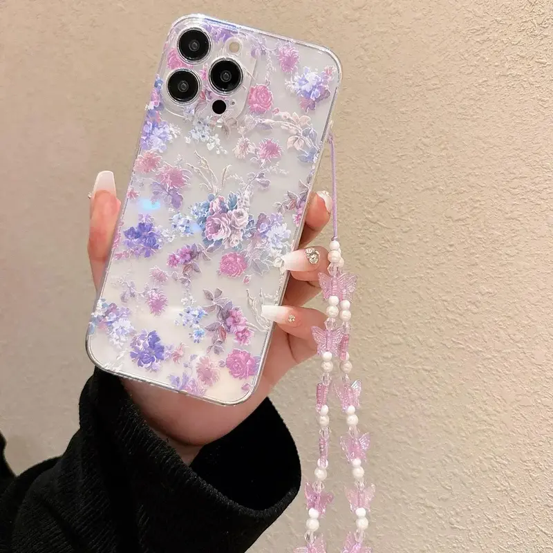 Flower Pattern Phone Case with Faux Pearl Decor Lanyard, Shockproof Decorative Phone Protector Cover, Phone Accessories Compa...
